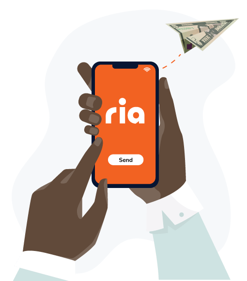manos usando la aplicación de transferencia de dinero Ria en un teléfono