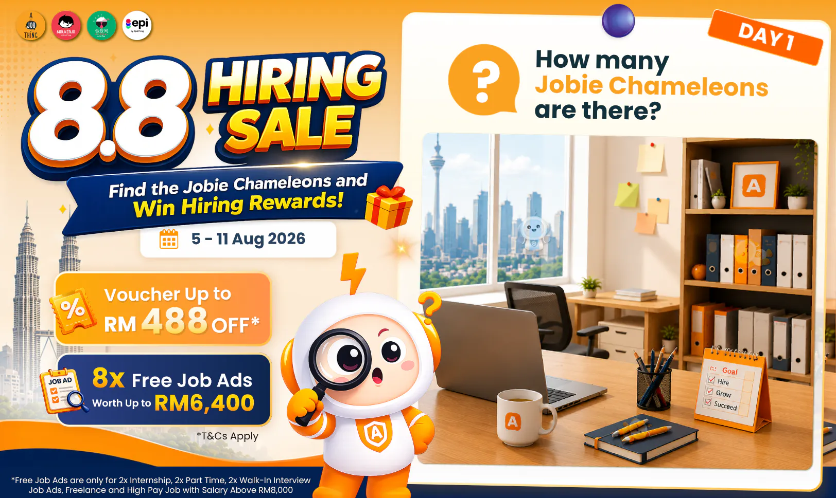 8.8 Hiring Sale. Get a chance to win voucher up to RM488 OFF and 8x FREE Job Ads*. Valid: 5-11 Aug 2026.
