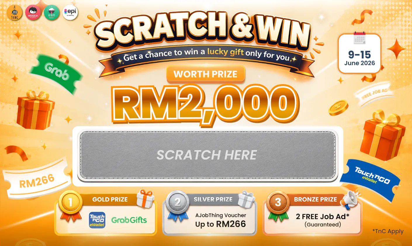 Scratch & Win: Get A Chance to Win AJobThing Voucher Up To RM266, TnG, Grab Gifts, or FREE Job Ads. Valid: 9-15 Jun 2026
