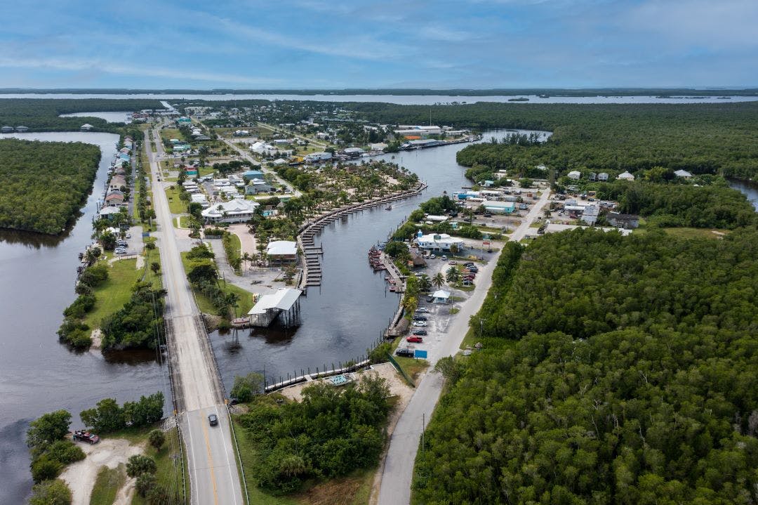Aerial picture of Everglade City Florida small town on scenic route through Florida for motorcycle ride
