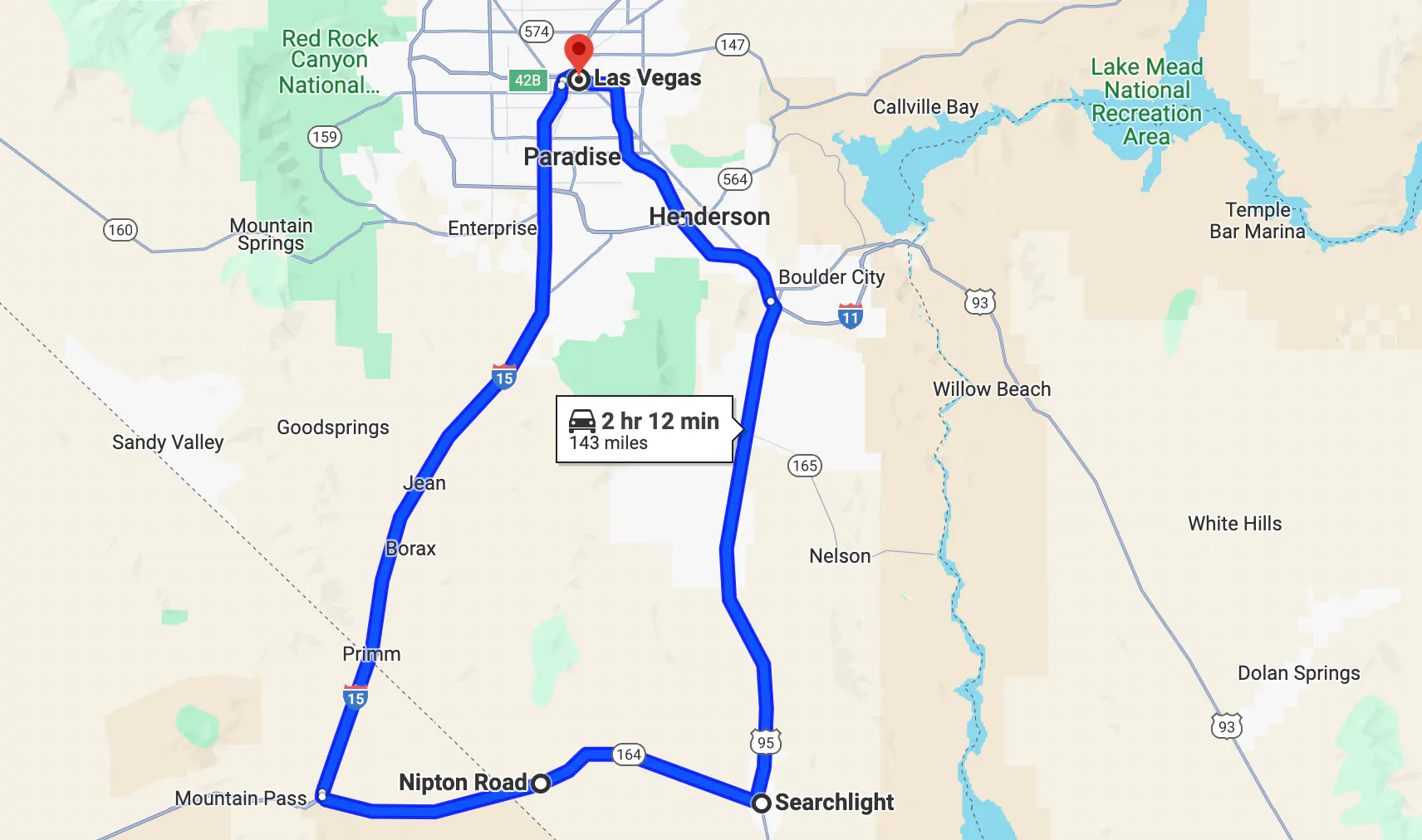 melhores passeios de motocicleta em Las Vegas - mapa de Searchlight até Nipton