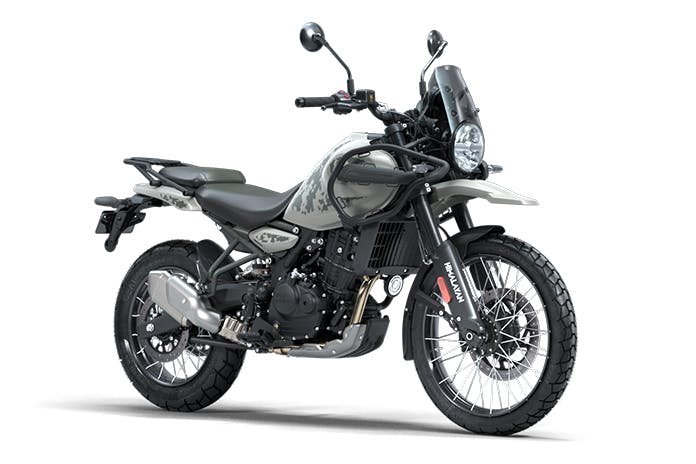 Stock picture of a black and grey 2024 Royal Enfield Himalayan best motorcycle for beginners