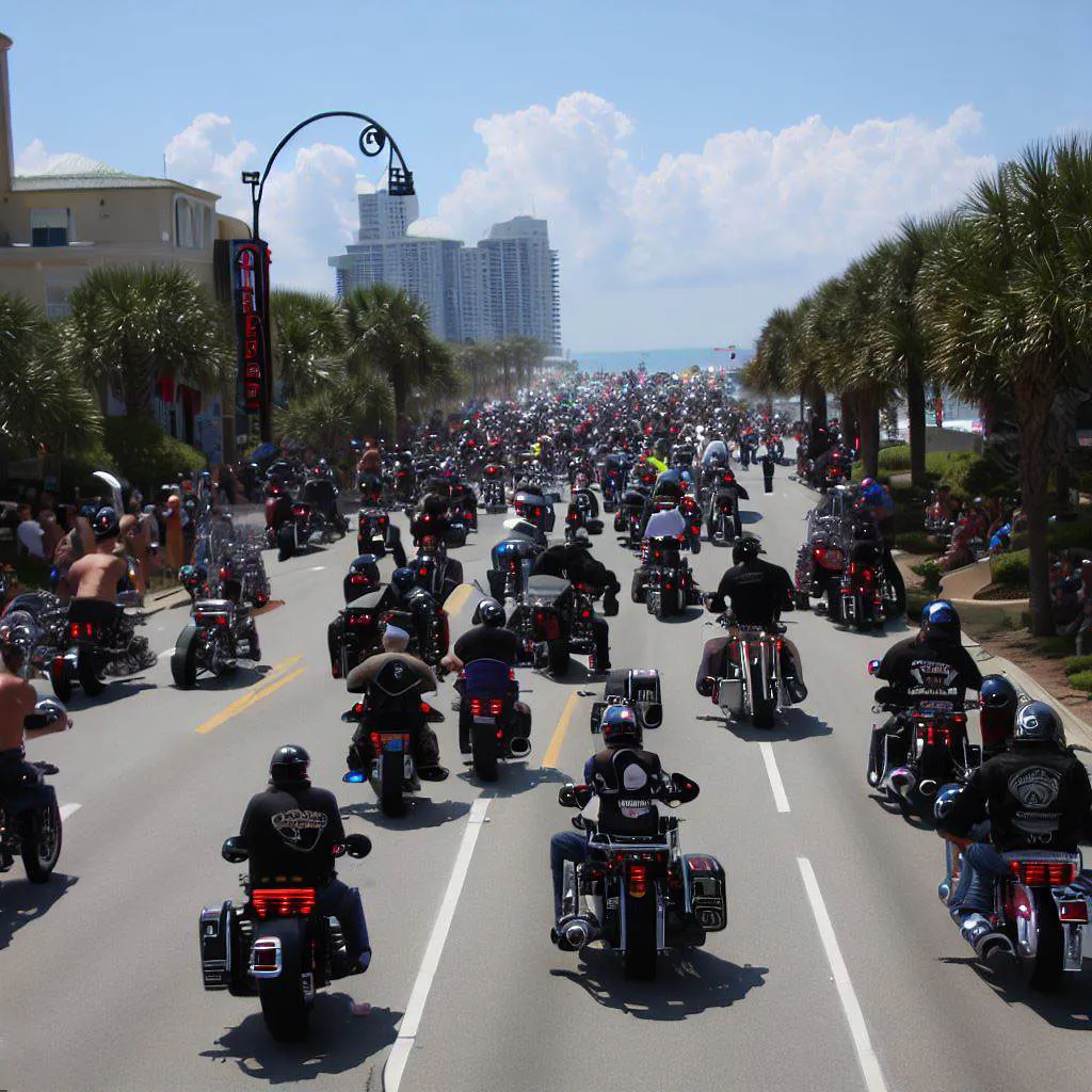 imagem de passeio de grupo de motocicletas em North Myrtle Beach - aprenda informações sobre a Myrtle Beach Bike Week com o Riders Share, uma empresa de aluguel de motocicletas peer-to-peer.