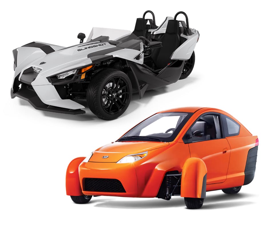 picture showing a comparison between an autocycle and a three wheeled motorcycle what are those 3 wheeled cars called