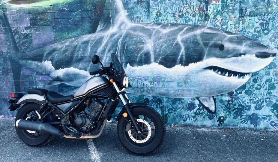Picture of motorcycle for rent at Riders Share for less than $25/day parked in front of a shark mural in Honolulu Hawaii