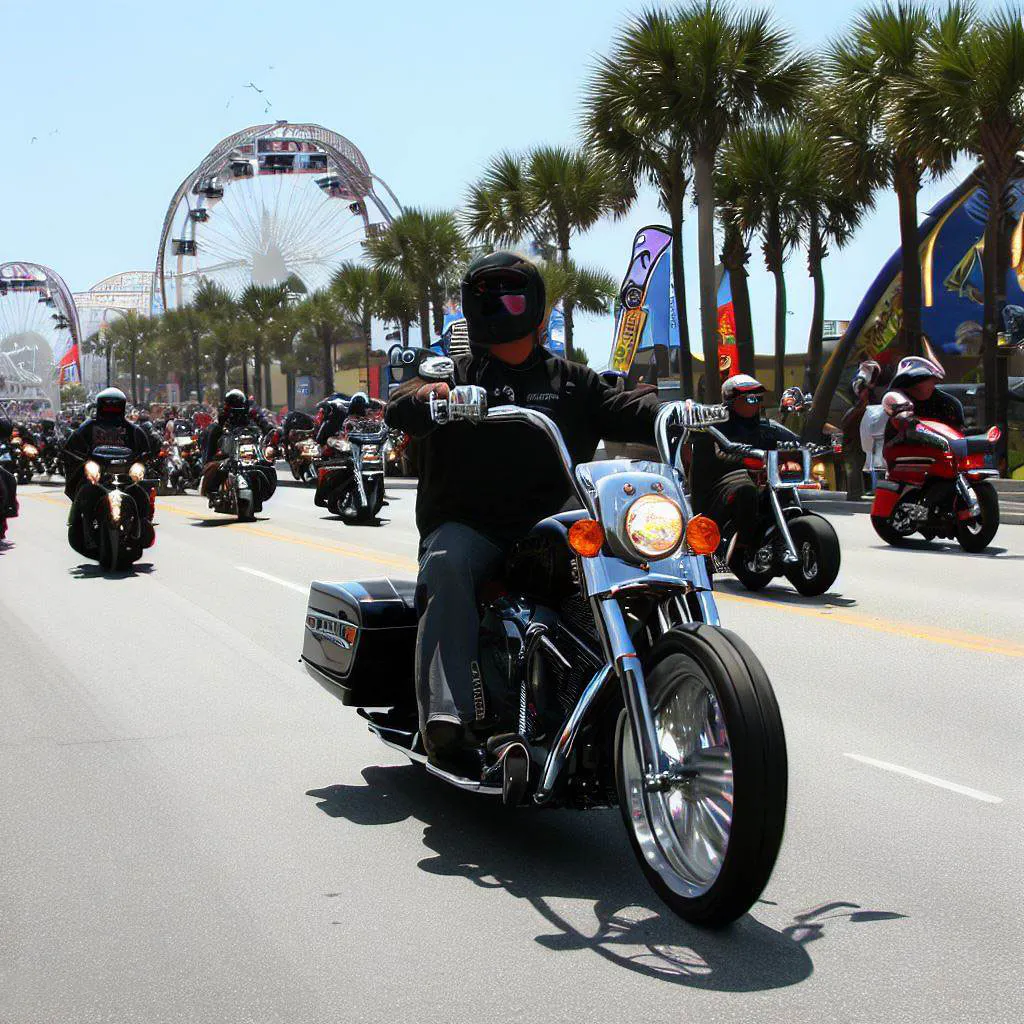 imagem de passeio de moto em grupo no North Myrtle Beach – saiba sobre a Myrtle Beach Bike Week com a Riders Share, uma empresa de aluguel de motocicletas peer-to-peer.