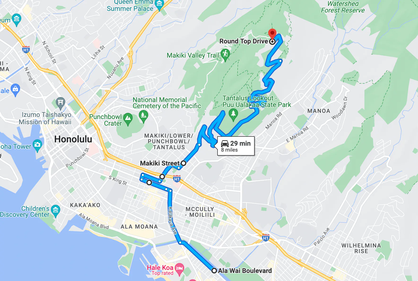 mapa de rota em motocicleta para o topo redondo em Honolulu, Havaí