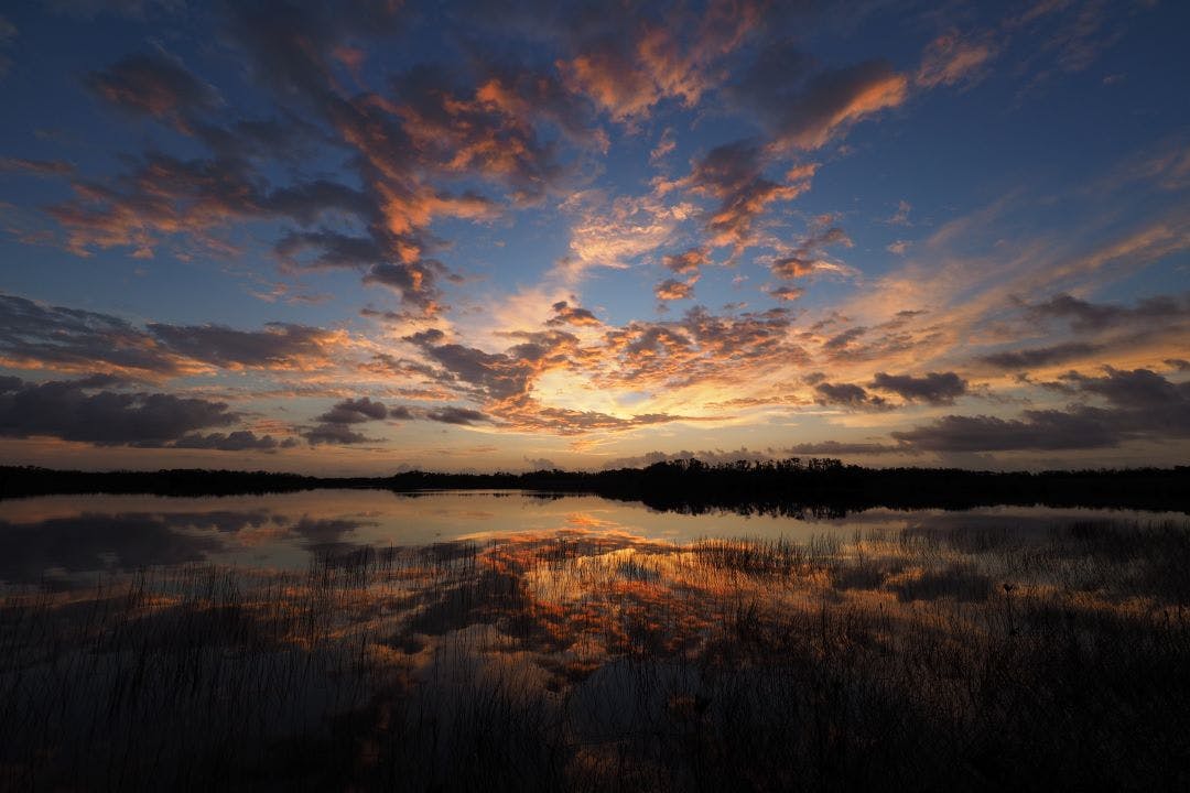 Picture of a sunrise over Nine Mile Pond Everglades Florida great motorcycle route in Florida