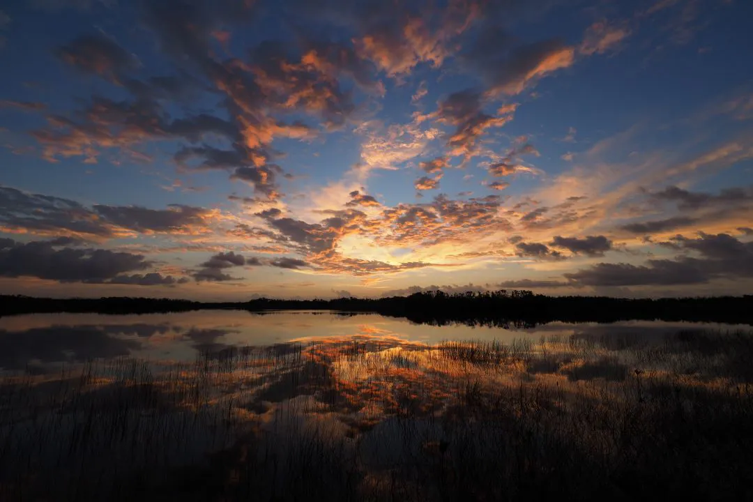 Foto de um nascer do sol sobre Nine Mile Pond Everglades Florida ótima rota de motocicleta em Florida