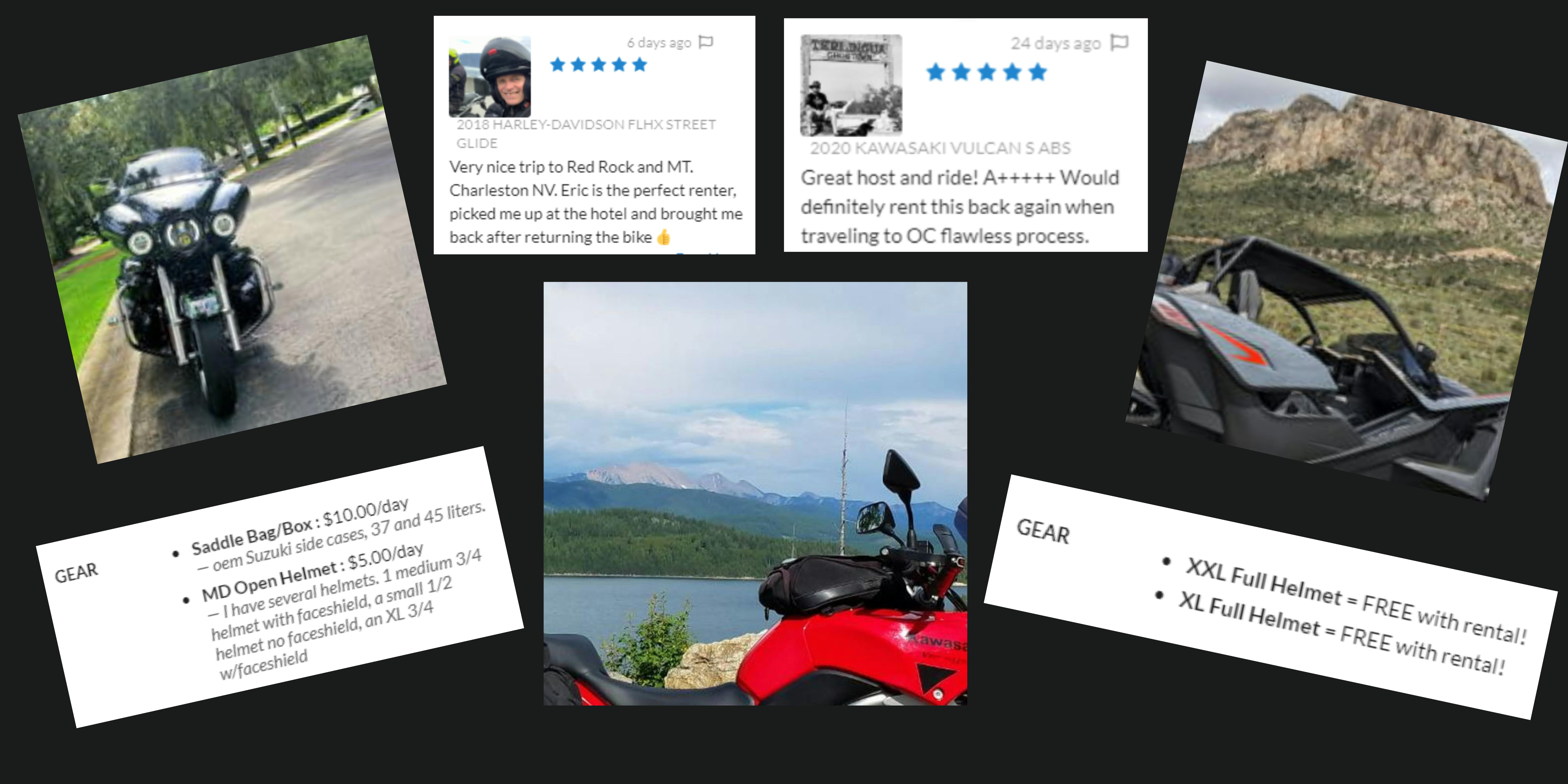 Collage with 3 different types of vehicles that can be rented from riders share, 2 reviews from riders share renters, and 2 examples of equipment that can be rented or that is included with different rentals