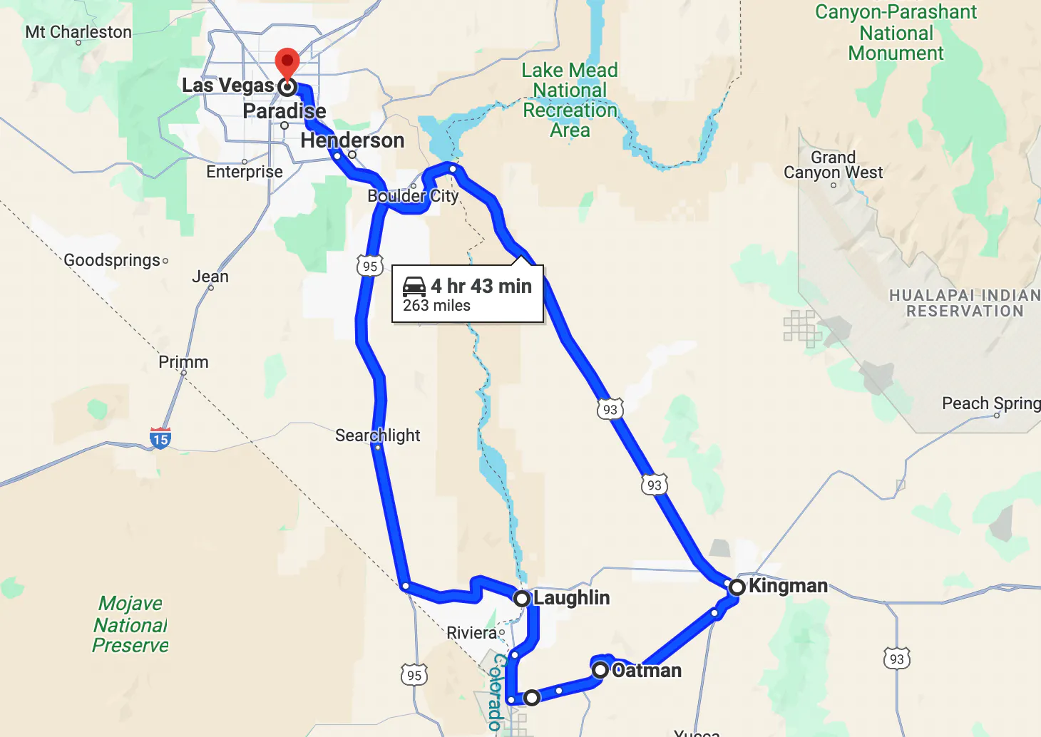 melhores passeios de moto em Las Vegas - Laughlin, Oatman e Kingman mapa