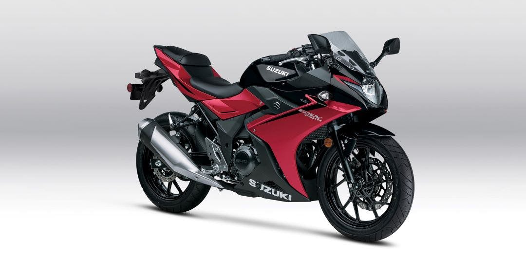stock picture of a red 2024 GSX250R motorcycle fuel efficient motorcycles
