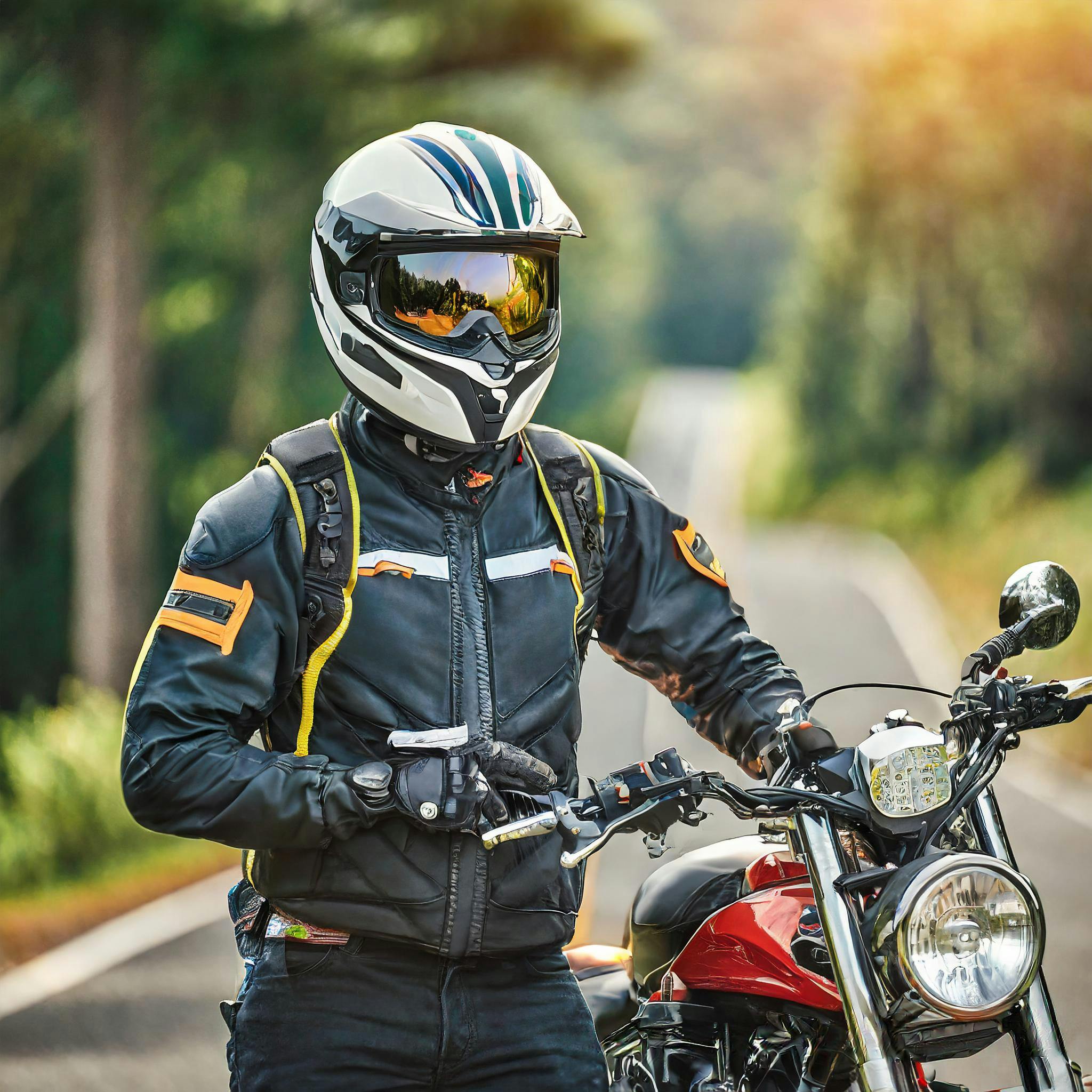 motorcycle rider with protective gear - helmet, gloves, leather jacket motorcycle safety gear