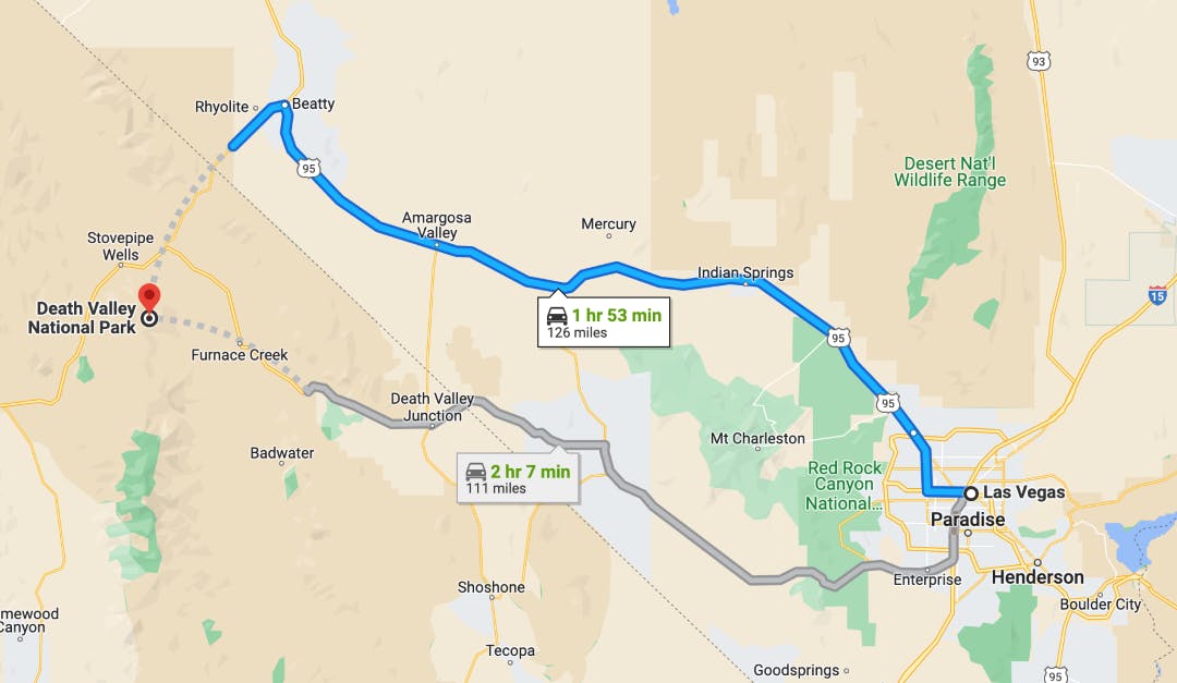 map screenshot of the route from las vegas to death valley national park