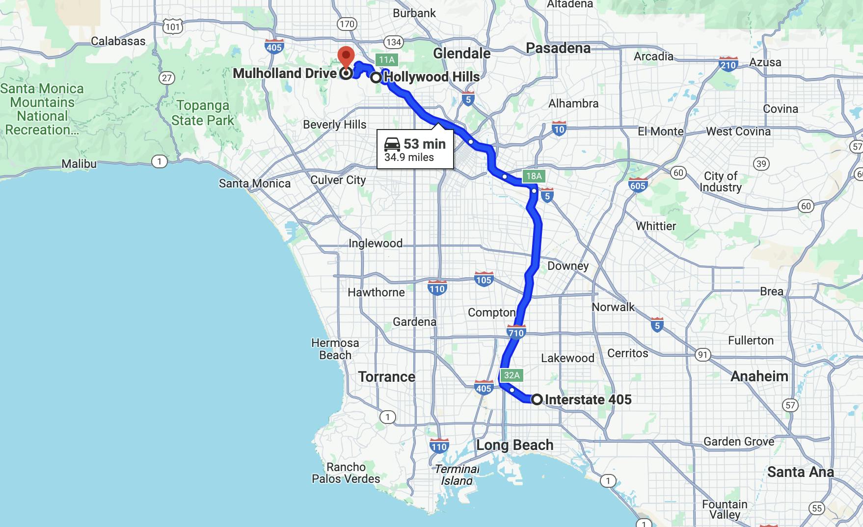 best motorcycle rides in los angeles - mulholland drive map