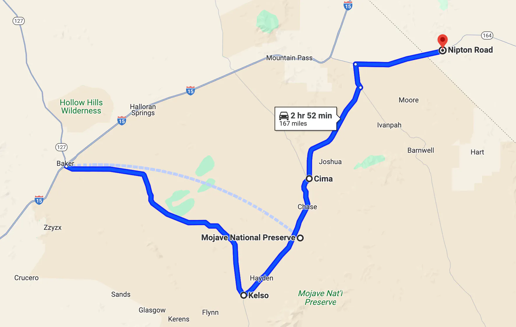 melhores passeios de motocicletas em Las Vegas - mapa do circuito do Parque Nacional Mojave