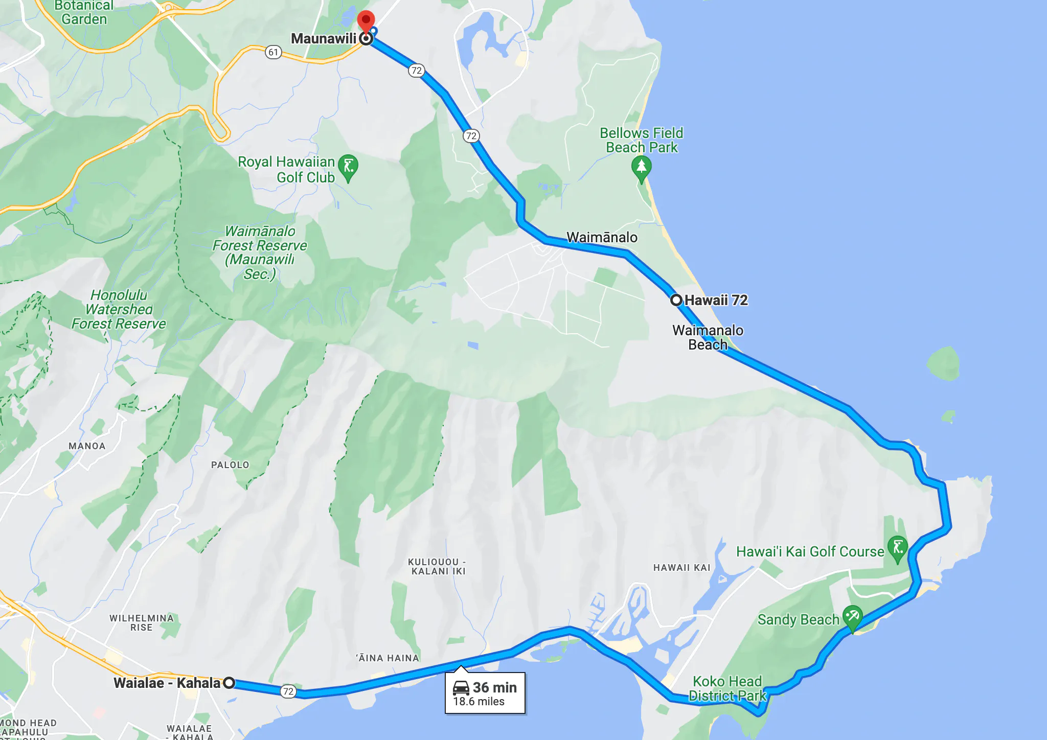 mapa de rota de motocicleta da estrada kalanianaole em Honolulu, Hawaii