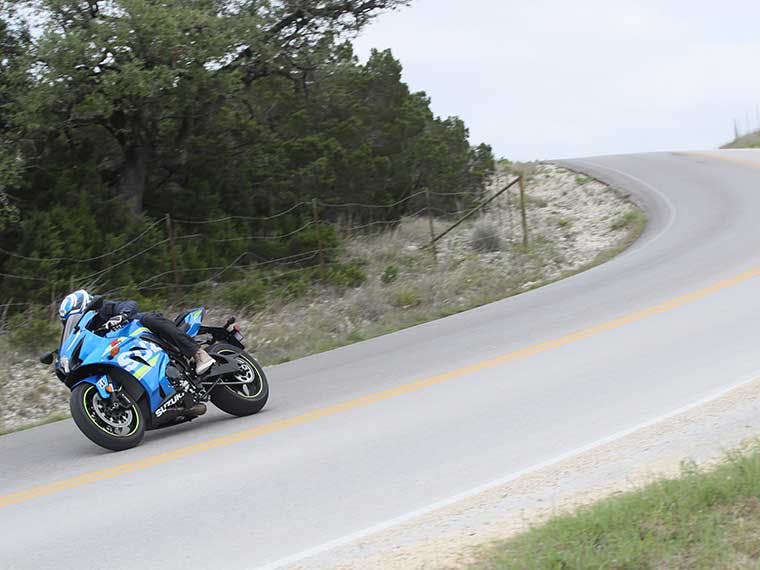 A rented Suzuki sportbike motorcycle ridden in Austin, Texas.