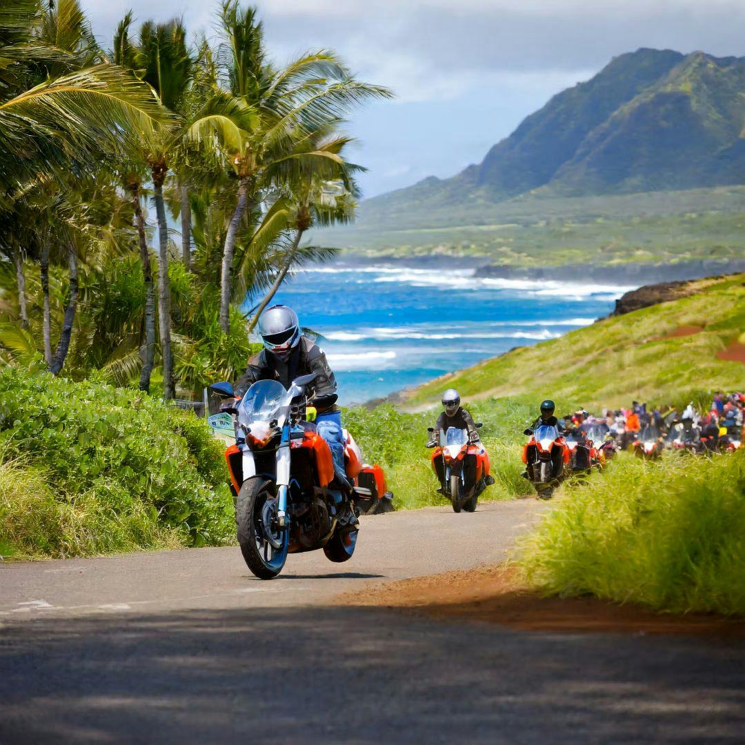 Group of motorcycle riders participating in the Firefly rally in Hawaii