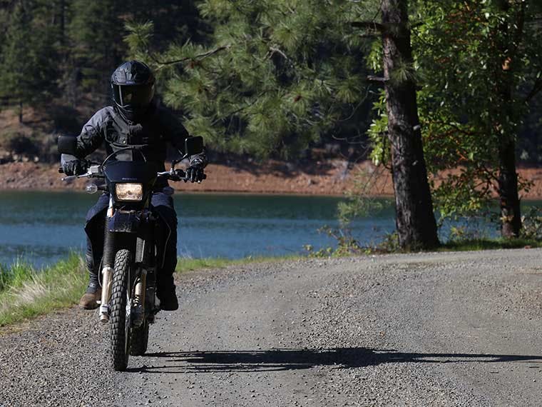 Man riding a rented Suzuki motorcycle near Portland, Oregon.