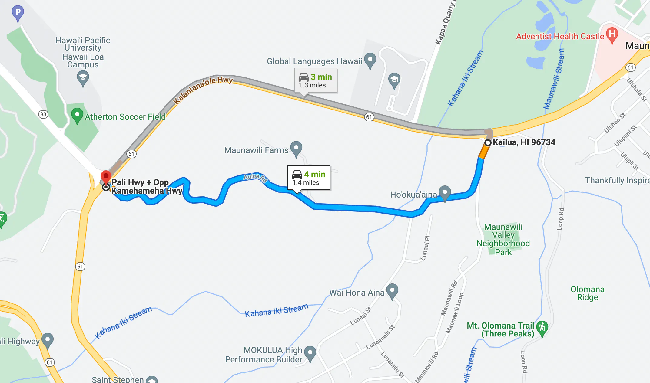 Rota motociclística na estrada Auloa em Honolulu, Hawaii