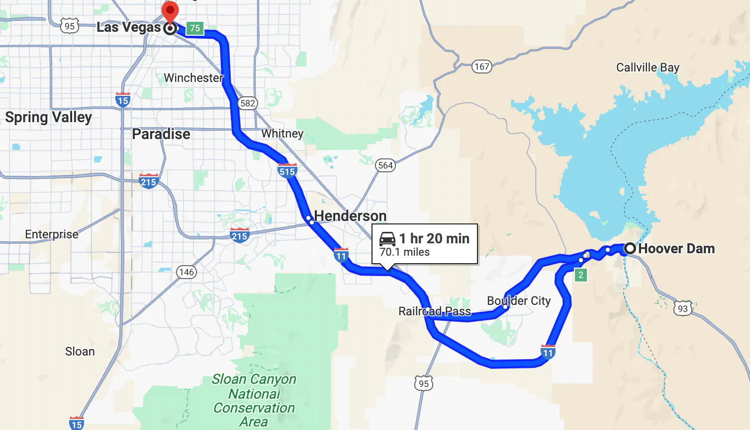 melhores passeios de motocicleta em Las Vegas - mapa do circuito Hoover Dam Loop
