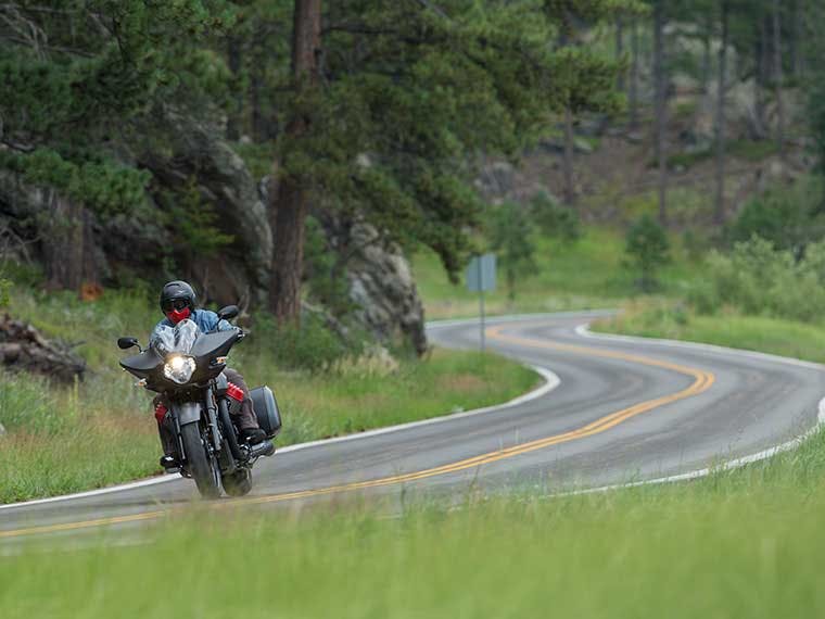 Moto Guzzi motorcycle ridden during the Sturgis Motorcycle Rally.