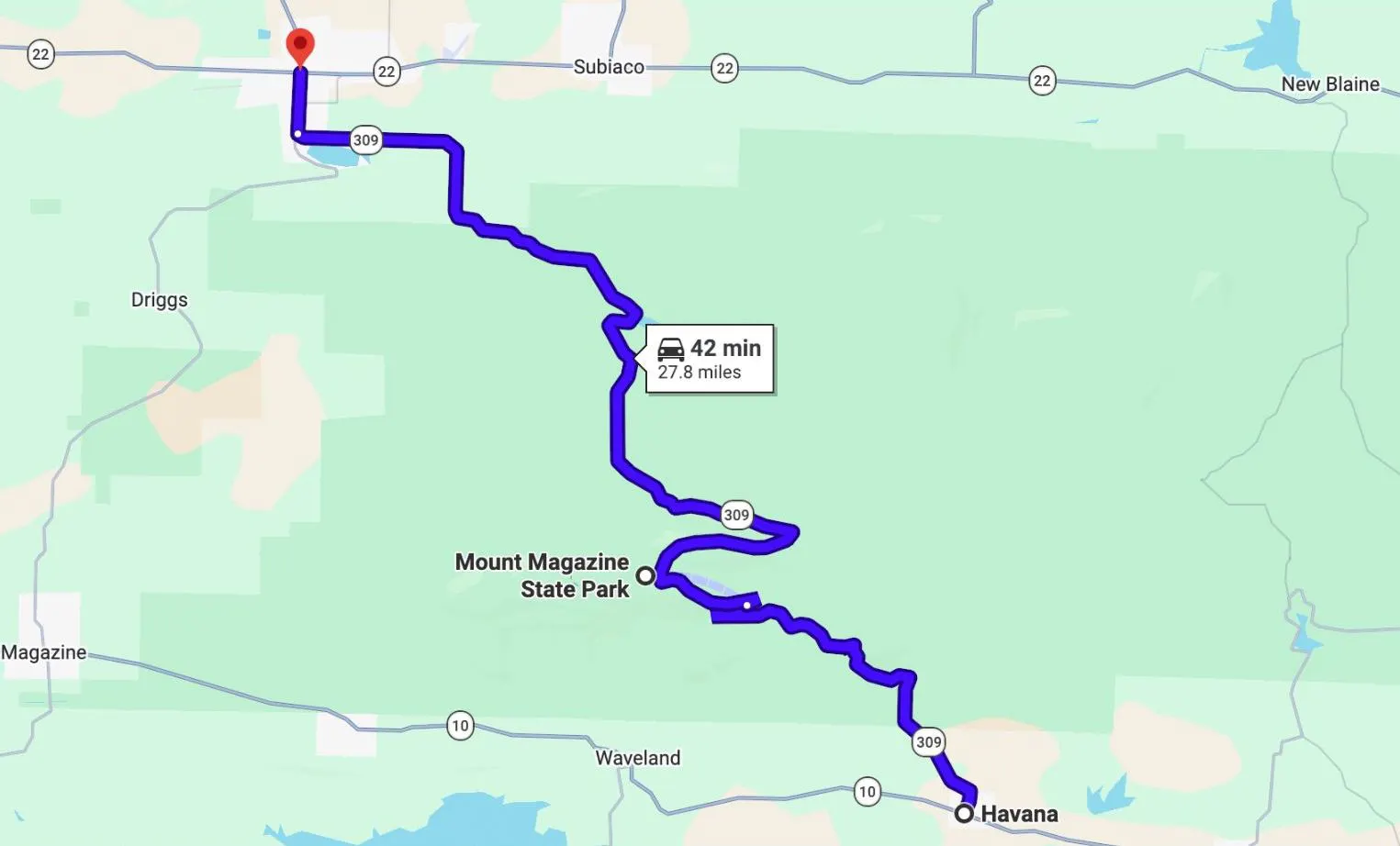 Route map of the AR-309 climb up Mount Magazine from Paris to Havana, passing Mount Magazine State Park