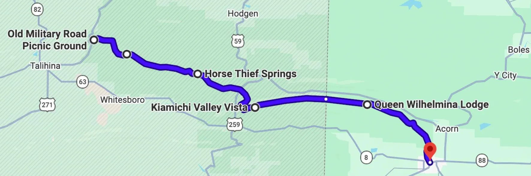 Route map of the Talimena National Scenic Byway from Mena, Arkansas to Talihina, Oklahoma across Rich Mountain and Winding Stair Mountain