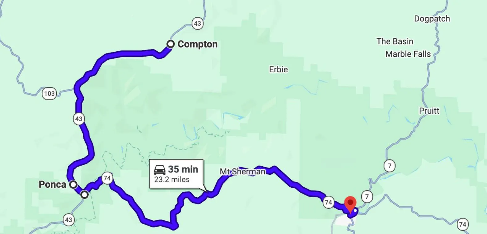 Route map of the Buffalo National River Corridor on AR-43 and AR-74 from Compton through Ponca to Jasper