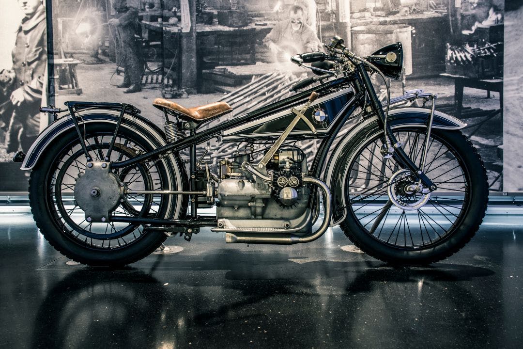 Munich Germany - Classic motorcycle BMW R32 1923 in BMW Museum BMW Welt Greatest Motorcycles of the Last 100 Years (1925-2025)