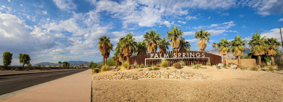 Palm Springs welcome sign on the edge of town Best Motorcycle Rides in Palm Springs, California