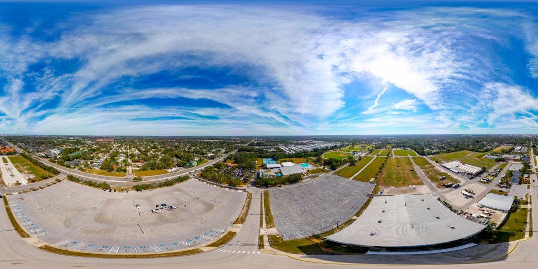 Aerial drone 360 equirectangular spherical panorama photo Sarasota Fairgrounds Thunder By The Bay Motorcycle Festival 2025 Info