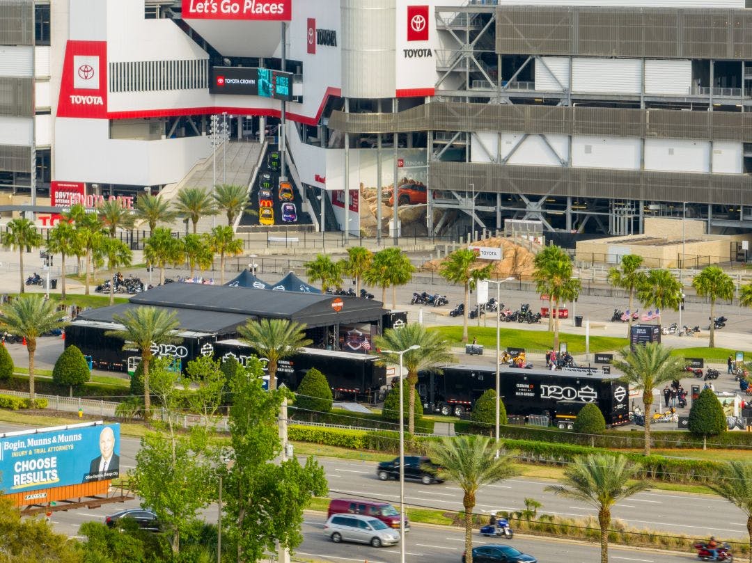 Aerial photo of Daytona International Speedway demo events during bike week Winter Motorcycle Events & Festivals You Don't Want to Miss