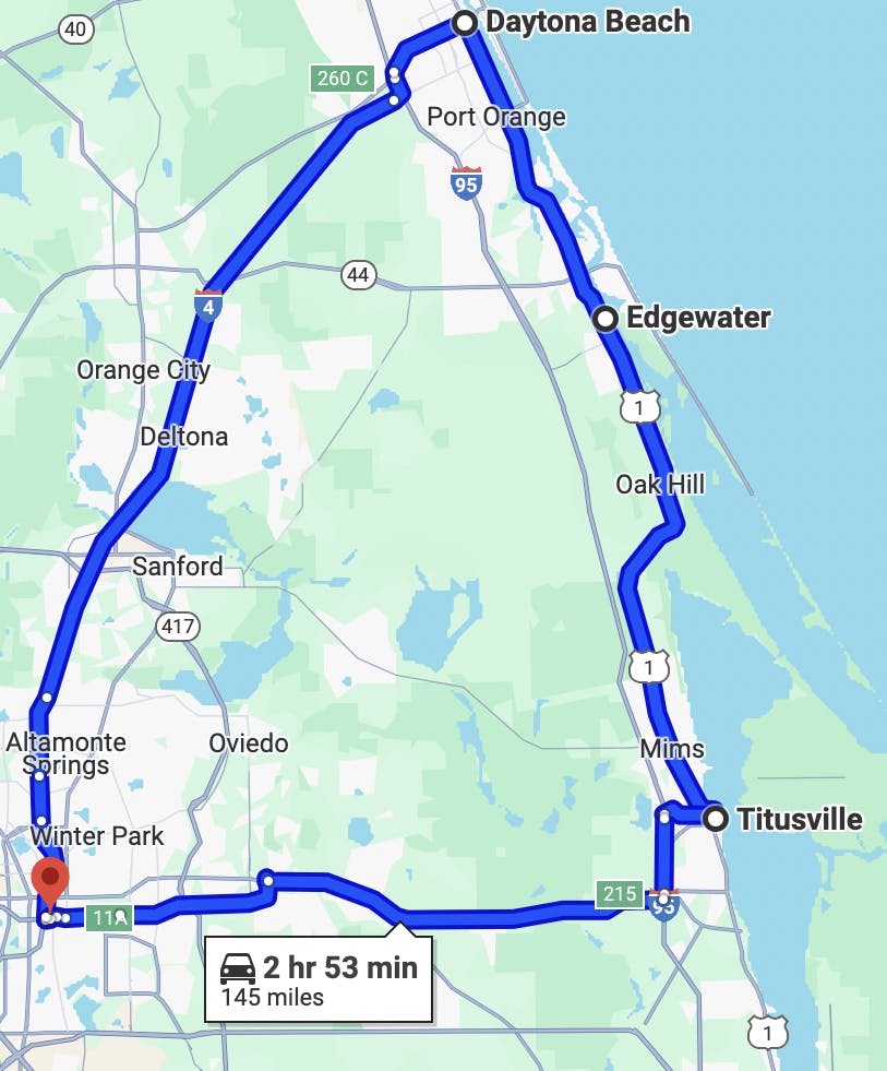 map of best motorcycle ride in orlando - orlando to daytona beach loop