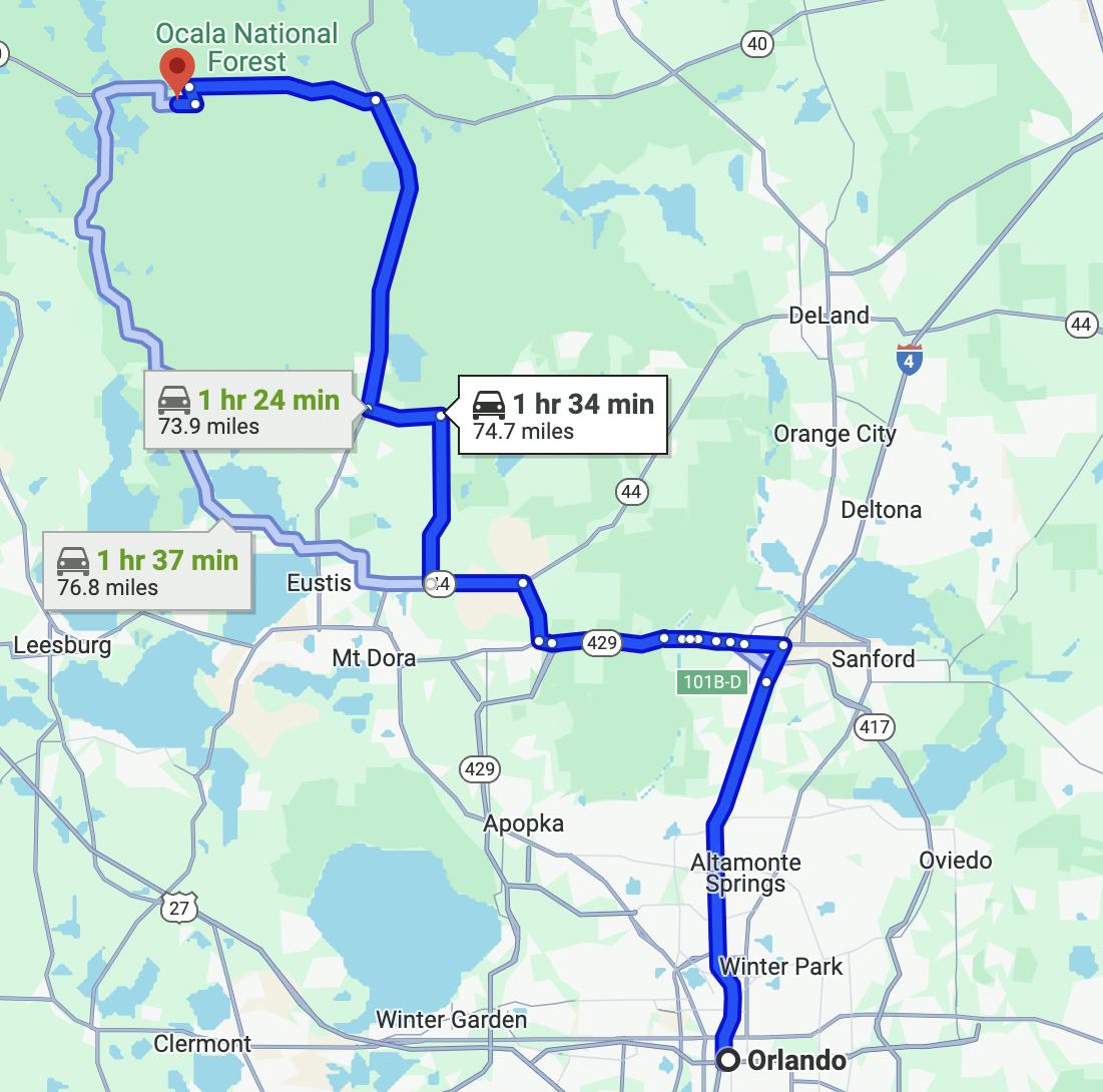 map of best motorcycle ride in orlando - orlando to ocala national forest