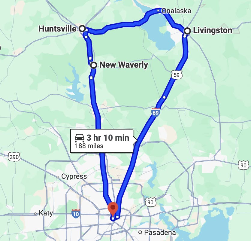 motorcycle routes in Houston - lake livingston loop