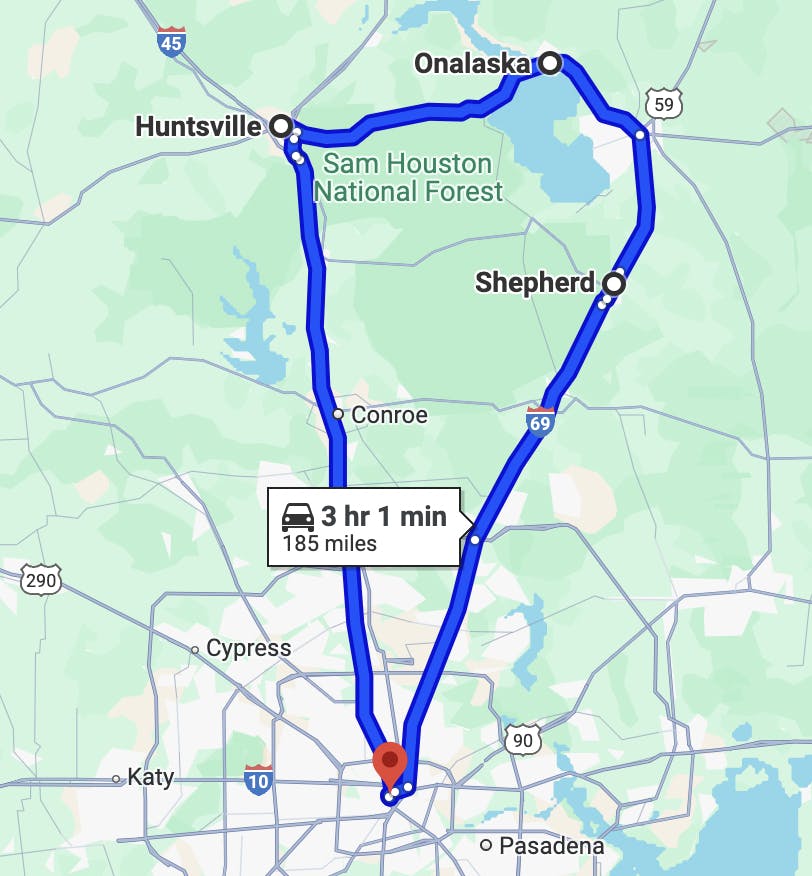 motorcycle routes in Houston - sam houston national forest loop