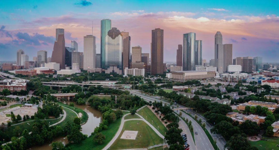 Downtown city skyline of skyscapers in Houston, Texas, United States. Is Houston, Texas, a Motorcycle-Friendly City?