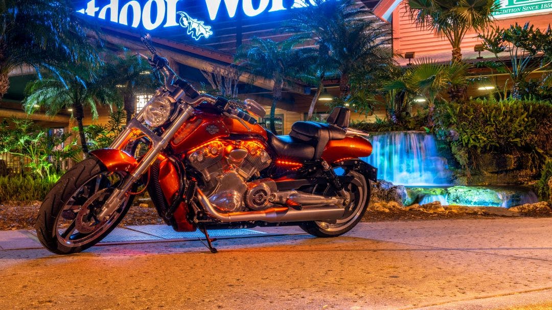 Orlando, Florida Harley-Davidson Bike in front of a Sports Shop at night. Harley-Davidson sustains a large brand community which keeps active through clubs, events, and a museum Guide to Motorcycle Riding in Orlando: Events, Routes & More