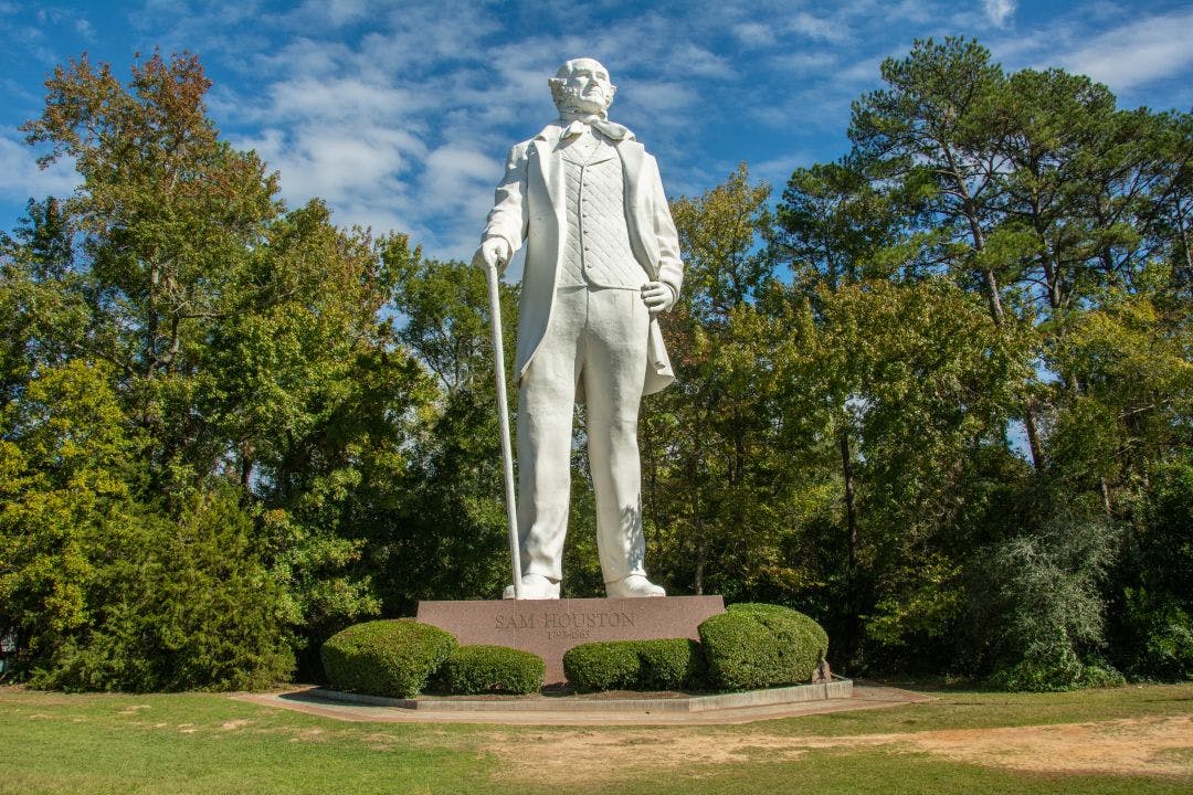 Huntsville, USA – November 23, 2022 - A Tribute to Courage statue of Sam Houston located in Huntsville, Texas Your Touring Guide For Riding from Houston to Dallas