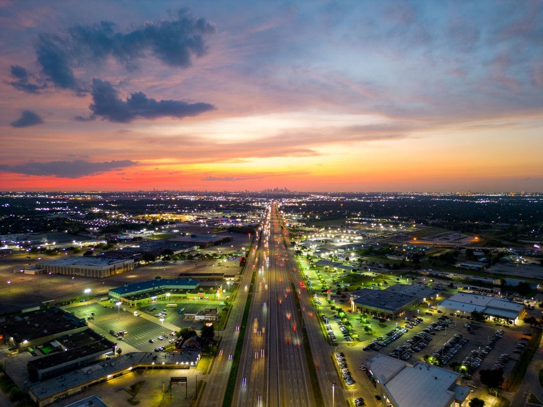 Aerial photo highway I45 heading into Downtown Houston Texas Your Touring Guide For Riding from Houston to Dallas