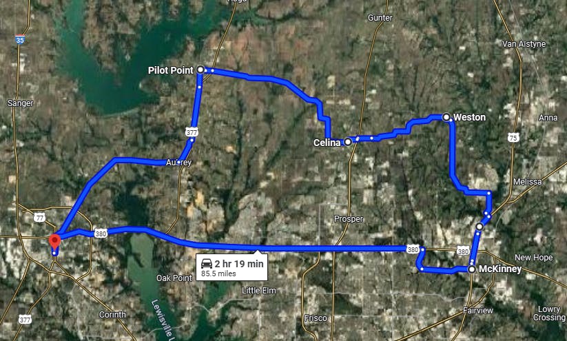 North Dallas Twistys Route Screenshot Best Scenic Motorcycle Rides in Texas