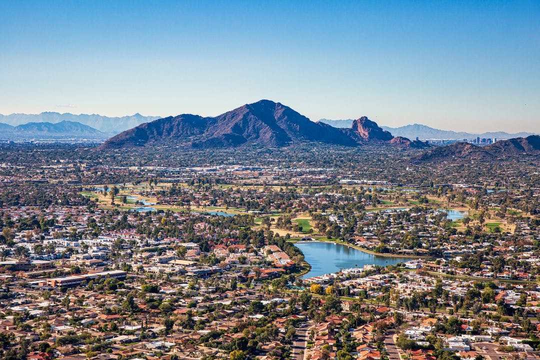 Above Scottsdale, Arizona looking SW towards Camelback Mountain and downtown Phoenix Arizona Bike Week 2025 Information - April 2-6, 2025