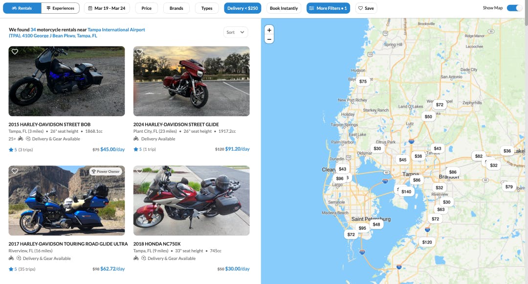 picture of a google map beside a riders share results page for renting motorcycle rentals at tampa international airport