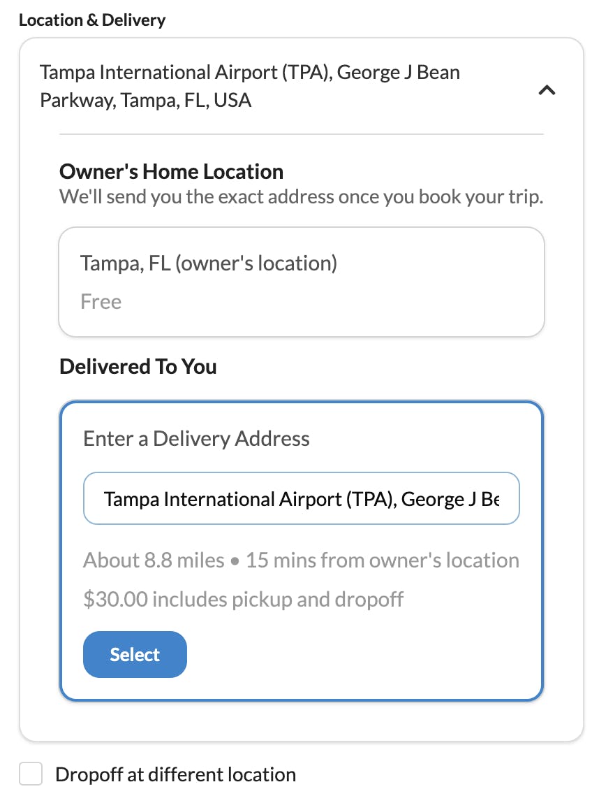 picture of how to enter the delivery address for rental from riders share motorcycle rental at tampa international airport
