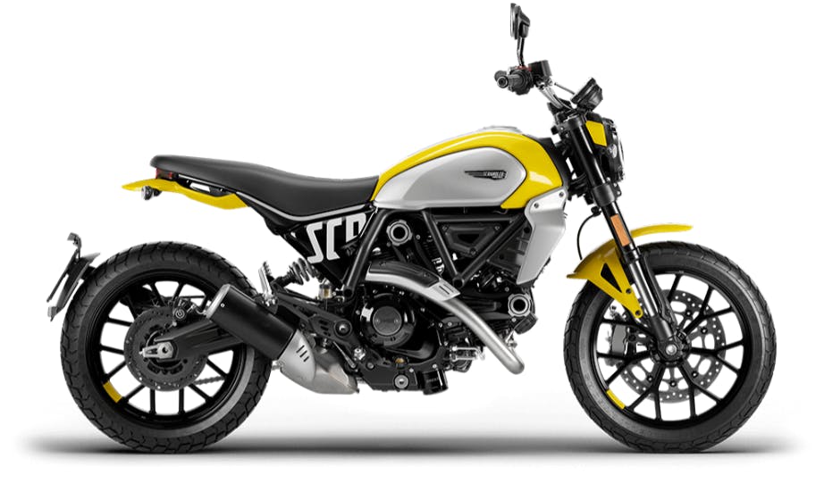 stock picture of a yellow, white, and black ducati scrambler icon choosing your 2nd motorcycle