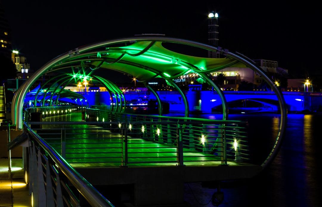 picture of a covered tunnel on the Tampa Riverwalk  at night best things to do in Tampa Florida