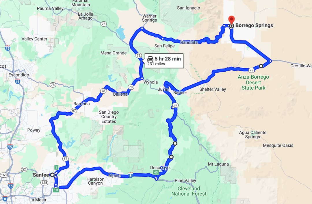 map of Santee to Borrego Springs Loop Best Motorcycle Roads in San Diego, California - Part 2