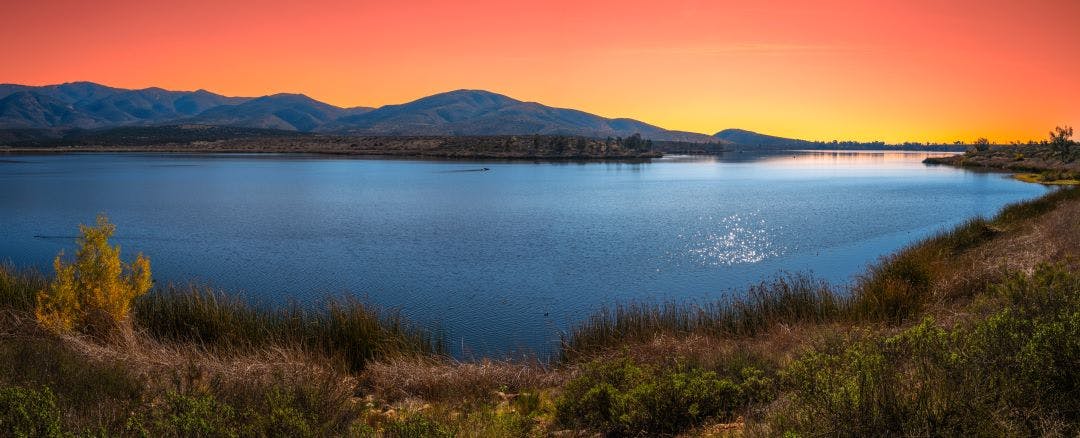 Southern California Nature Winter Landscape Series, tranquil sunset scenery of mountain wilderness and open space preserve at Lower Otay Lake Best Motorcycle Roads in San Diego, CA - Part 2